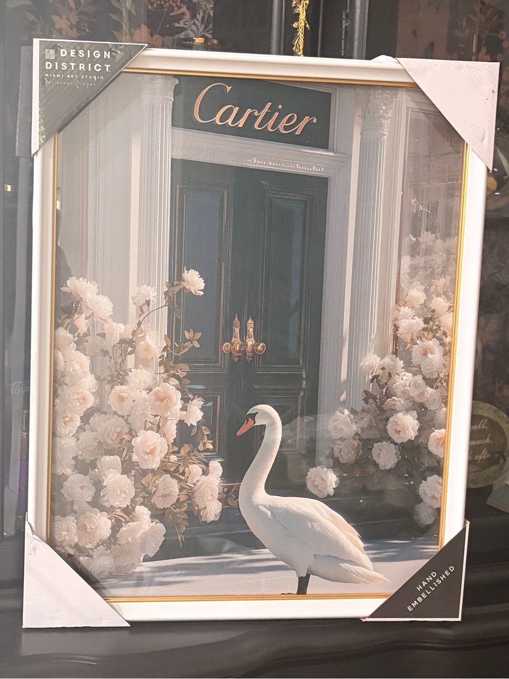 Fashion  White Swan with Navy Door Art Print/ wooden frame - glass- 20” x 16”